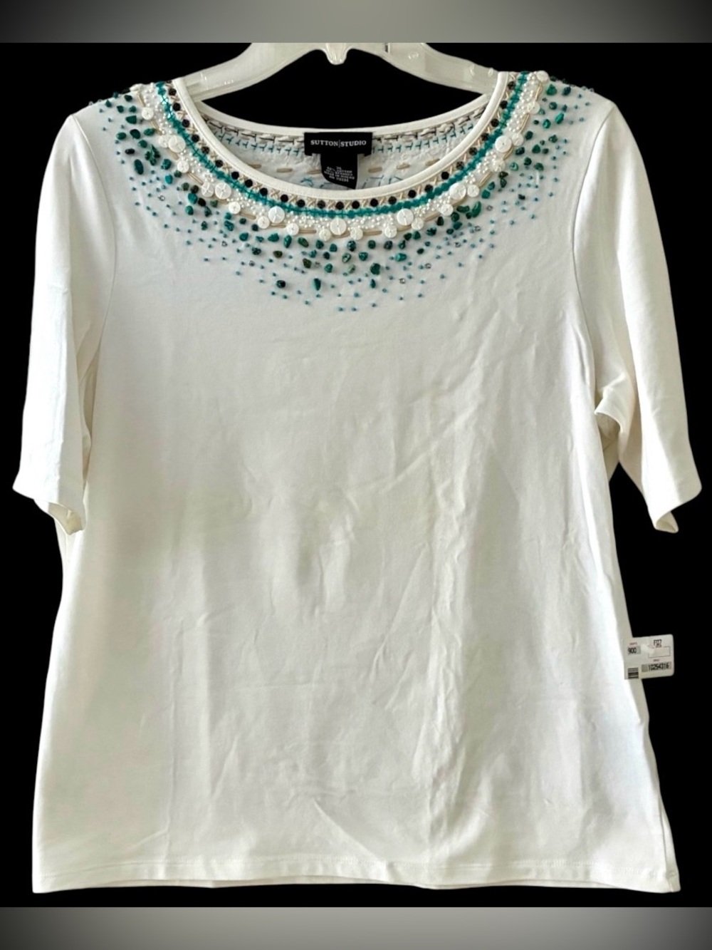 Sutton Studio Short Sleeve Cotton Top Teal  White Beaded Neckline Women Size XL